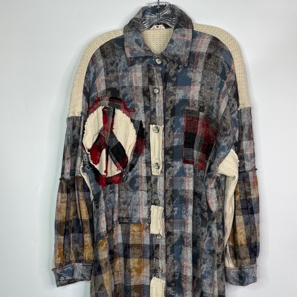 POL Tops - Pol Peace Patch Plaid Color Block Top Long Sleeve Button Up Shirt Size Medium